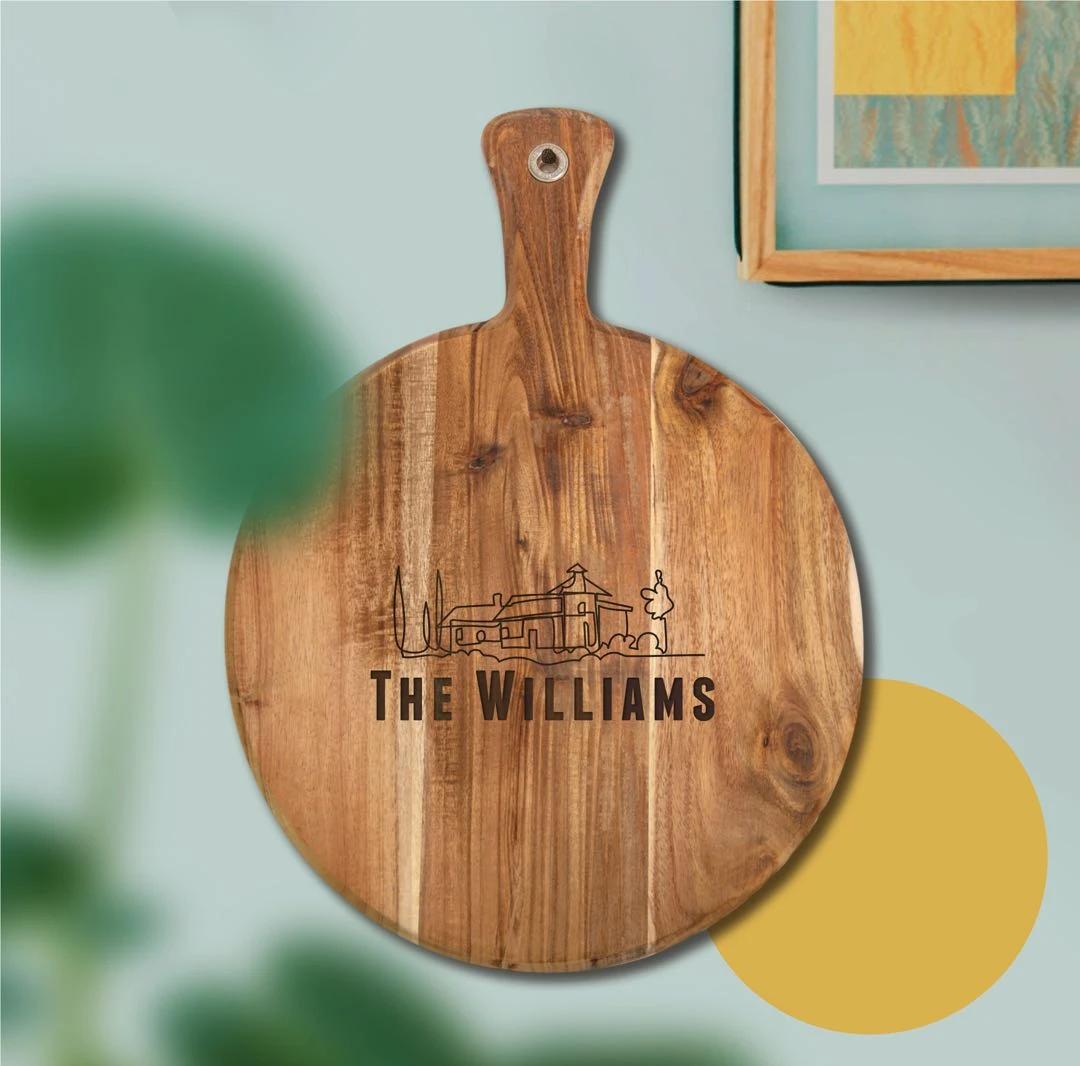 Yellow Octopus Personalised Personalised Round Paddle Serving Board - House Design 3 Yellow Octopus Personalised Personalised Round Paddle Serving Board - House Design