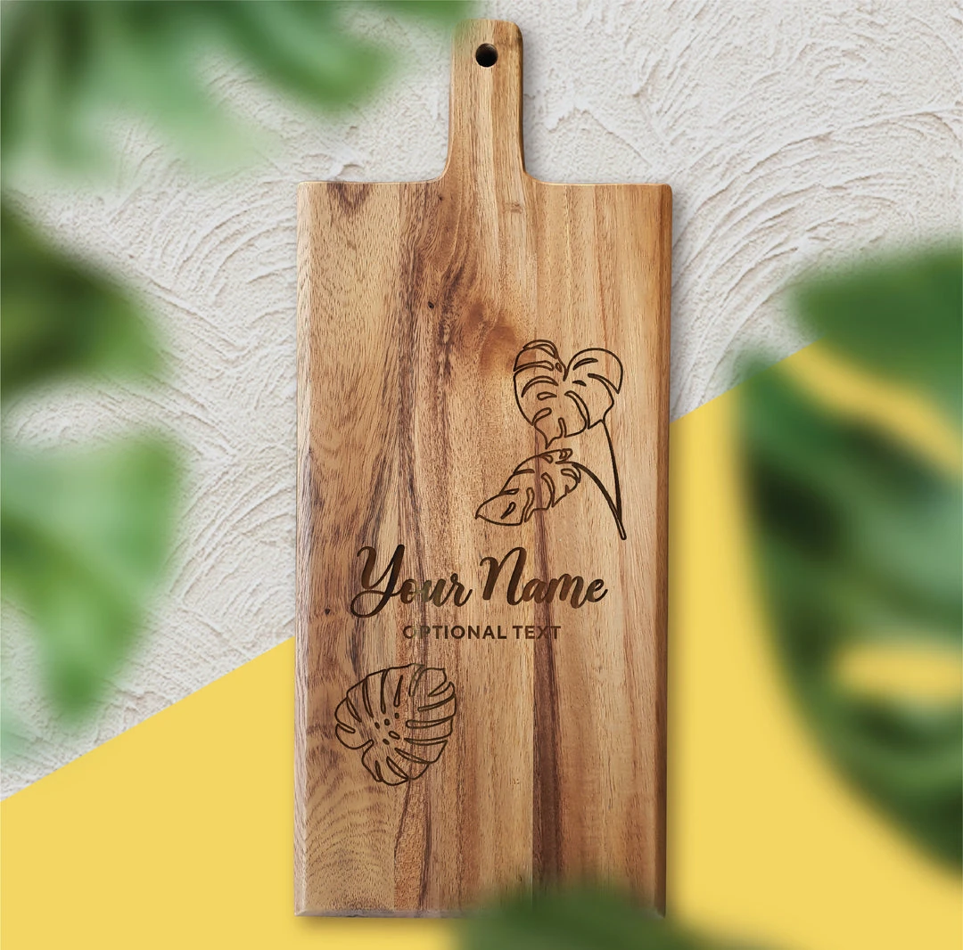 Yellow Octopus Personalised Personalised Acacia Paddle Serving Board - Monstera Design Gifts For Sisters 3 Yellow Octopus Personalised Personalised Acacia Paddle Serving Board - Monstera Design Gifts For Sisters