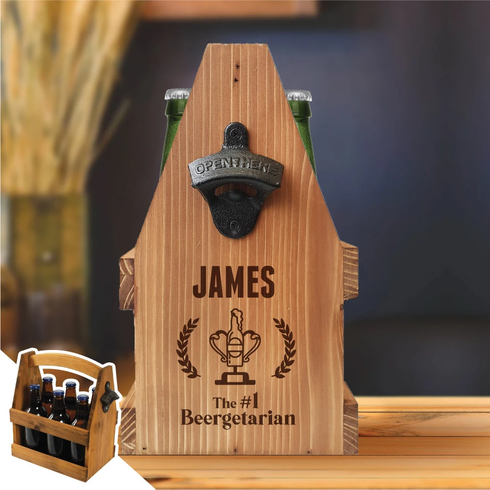 Yellow Octopus Personalised Sports And Outdoors Personalised Retro Wooden Beer Caddy With Bottle Opener - Beergetarian 3 Yellow Octopus Personalised Sports And Outdoors Personalised Retro Wooden Beer Caddy With Bottle Opener - Beergetarian