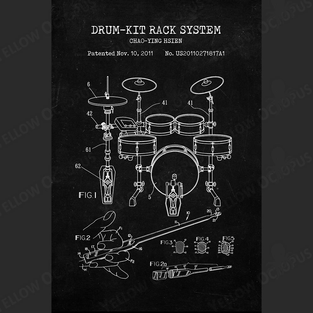 Yellow Octopus Exclusives - Prints Man Cave Gifts Drums Patent Prints Wall Art | Set Of 3 4 Yellow Octopus Exclusives - Prints Man Cave Gifts Drums Patent Prints Wall Art | Set Of 3